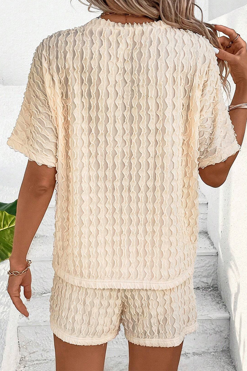 Beige Textured Tee & Drawstring Shorts Set - Cowaa
