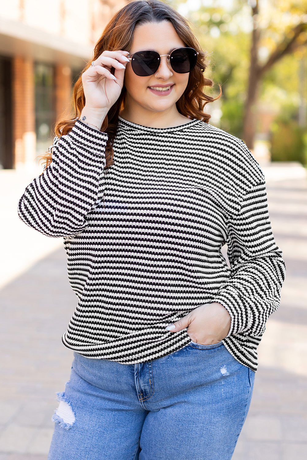 Black Stripe Drop Shoulder Puff Long Sleeve O Neck Plus Size T Shirt - Cowaa