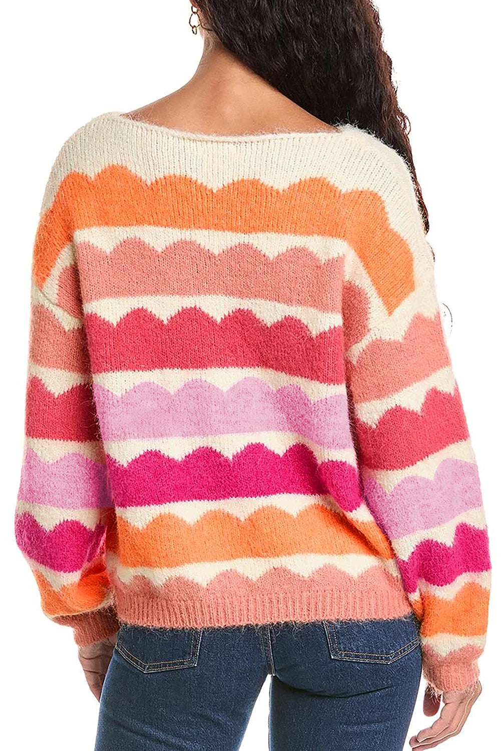 Dark Blue Wave Striped Balloon Sleeve Drop Shoulder Sweater - Cowaa