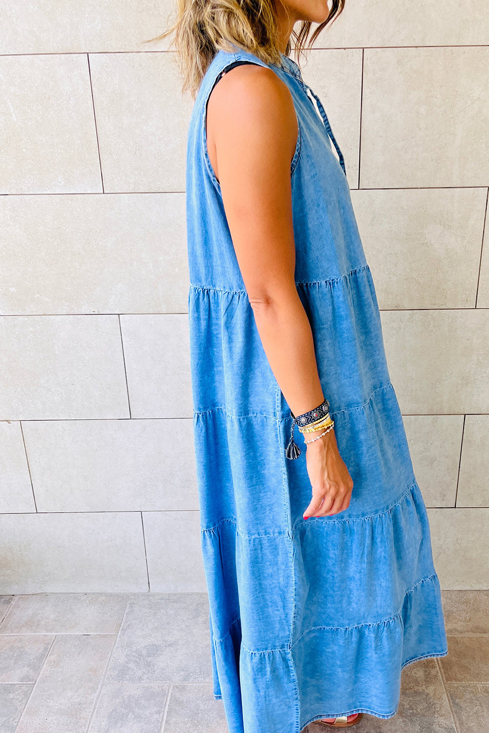 Real Teal Sleeveless Tiered Chambray Maxi Dress - Cowaa