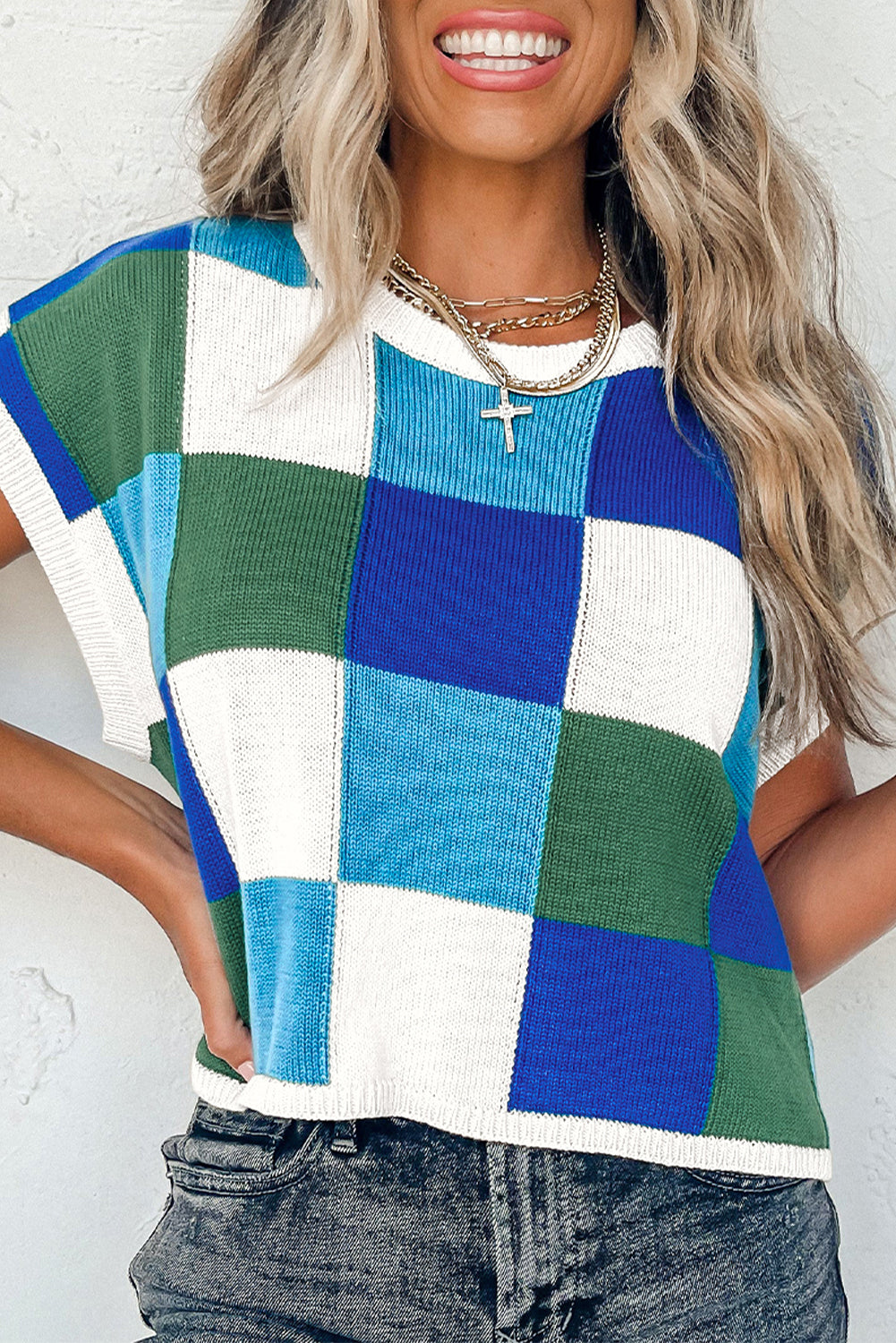 Fiery Red Checkered Color Block Cap Sleeve Knitted Top - Cowaa