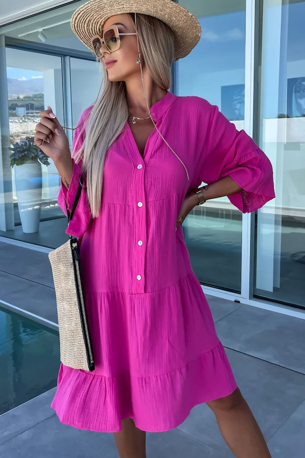 Rose Crinkled Tiered Split Neck Shirt Dress - Cowaa
