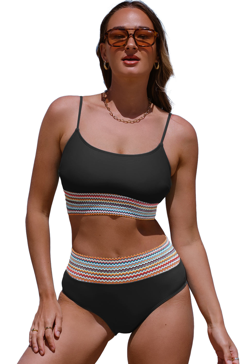Black Striped Patchwork Spaghetti Strap High Waist Bikini Set - Cowaa