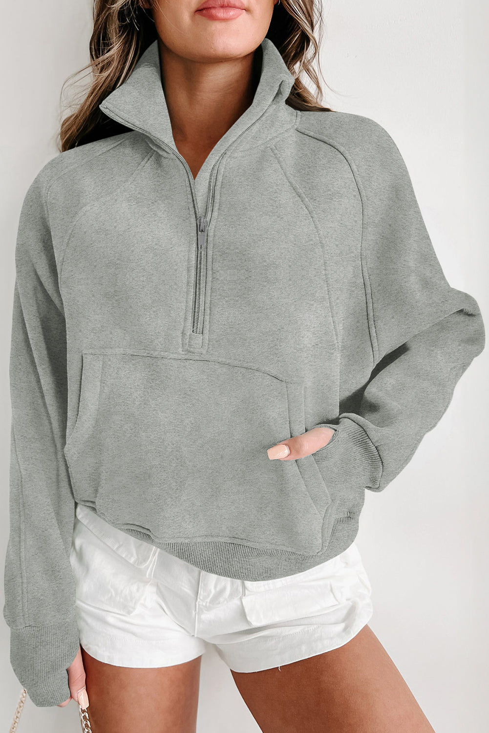 Brown Zip Up Stand Collar Thumbhole Sleeve Sweatshirt - Cowaa