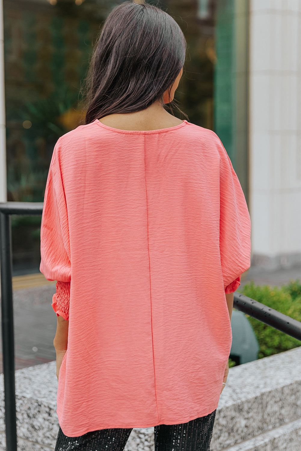 Apricot Solid Casual Smocked Cuffs Batwing Sleeve Blouse - Cowaa