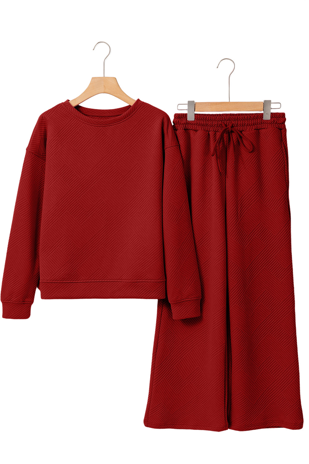 Strawberry Pink Textured Loose Slouchy Long Sleeve Top and Pants Set - Cowaa