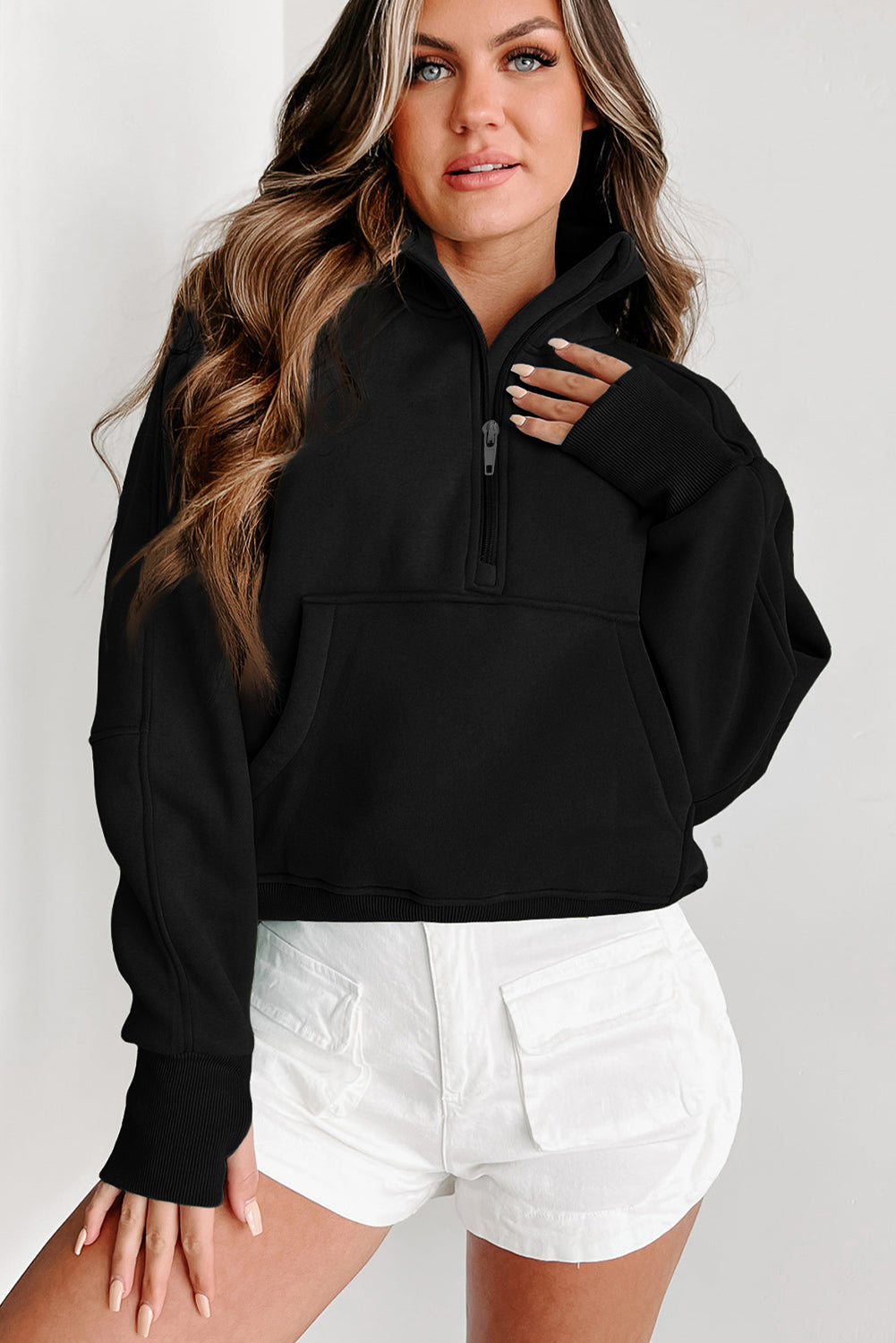 Brown Zip Up Stand Collar Thumbhole Sleeve Sweatshirt - Cowaa