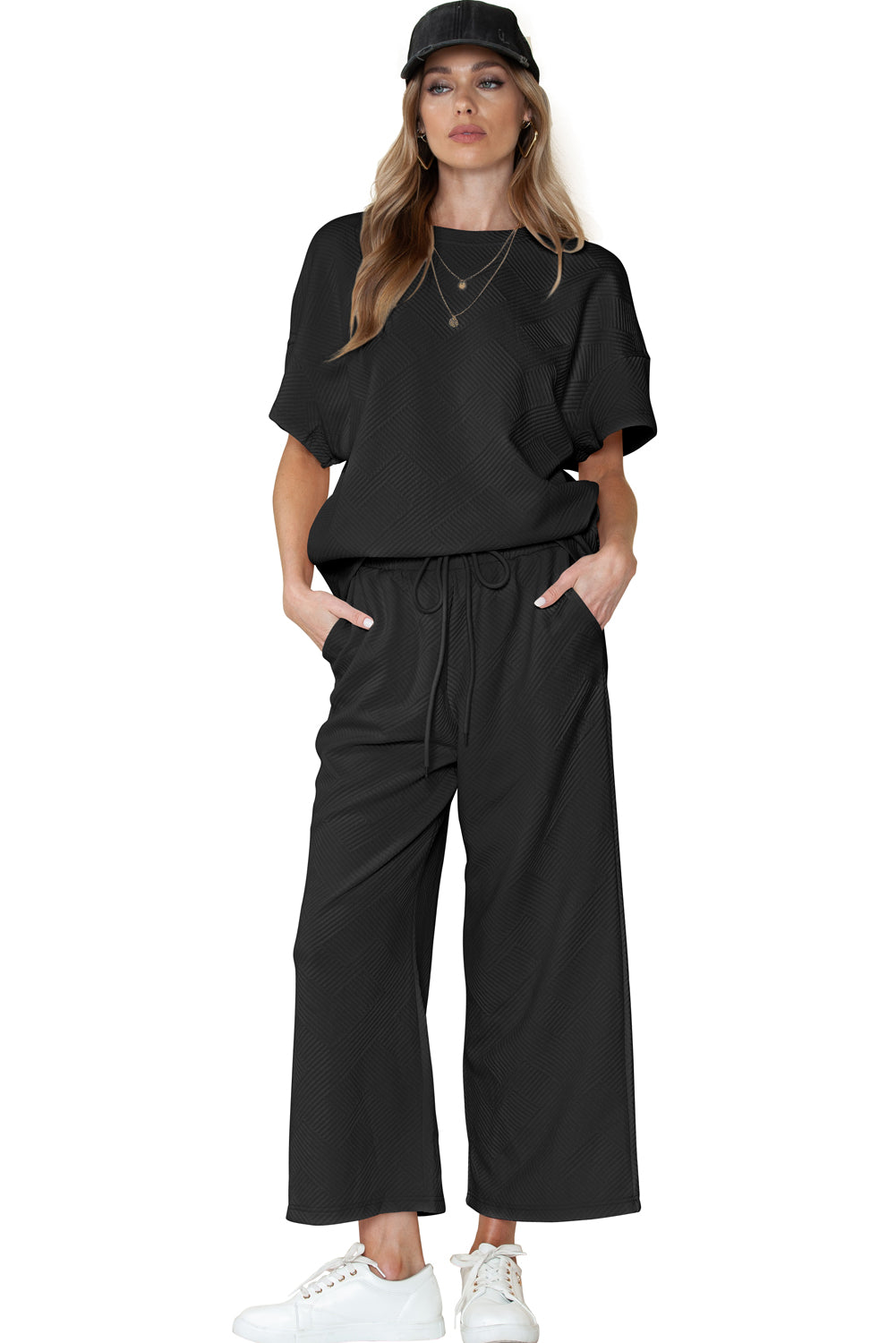 Navy Blue Textured Loose Fit T Shirt and Drawstring Pants Set - Cowaa