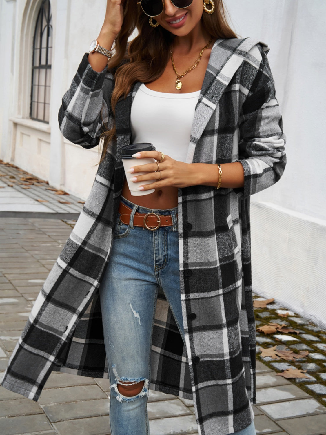 Devine Plaid Long Sleeve Hooded Coat - Cowaa