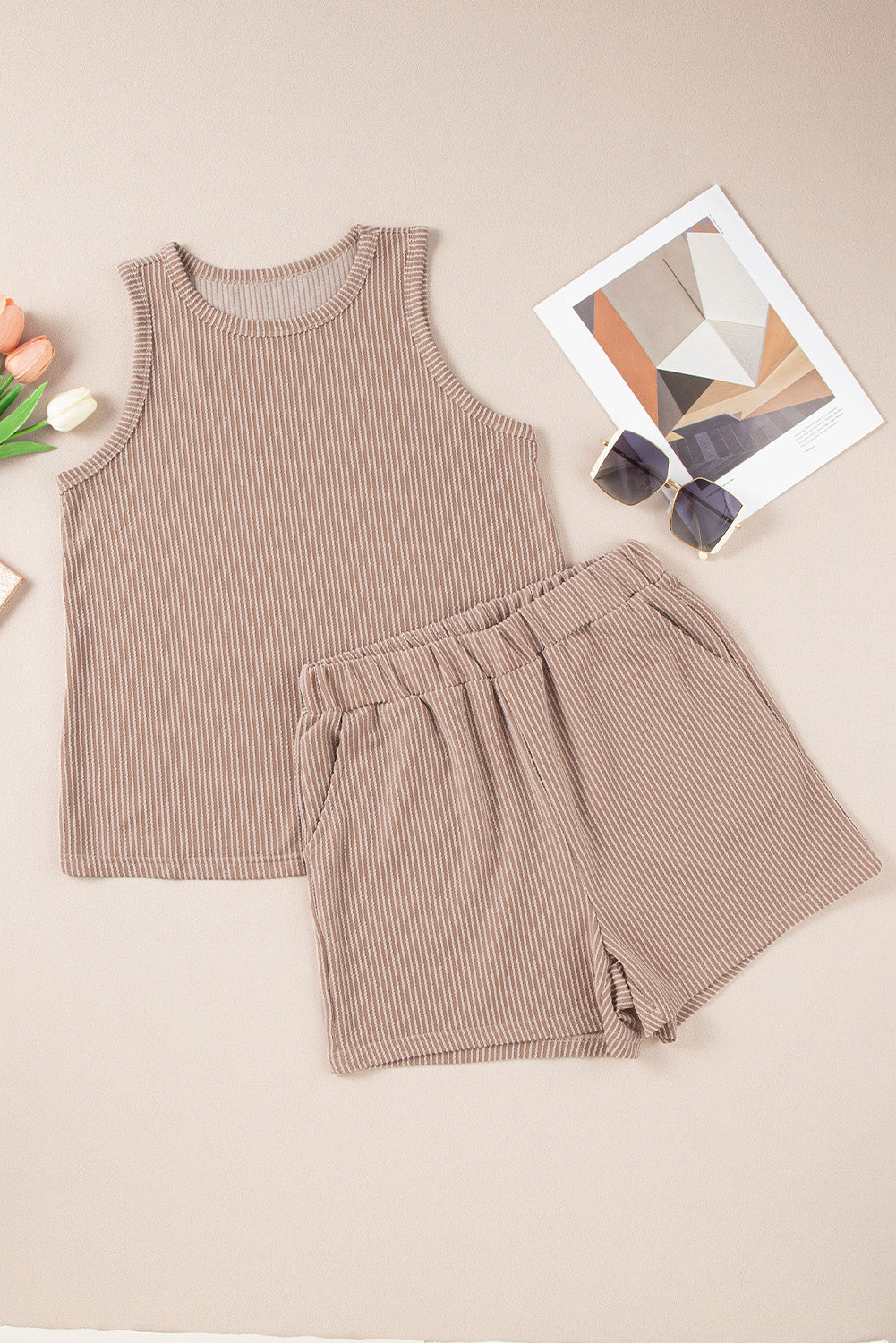 Medium Grey Corded Sleeveless Top and Pocketed Shorts Set - Cowaa