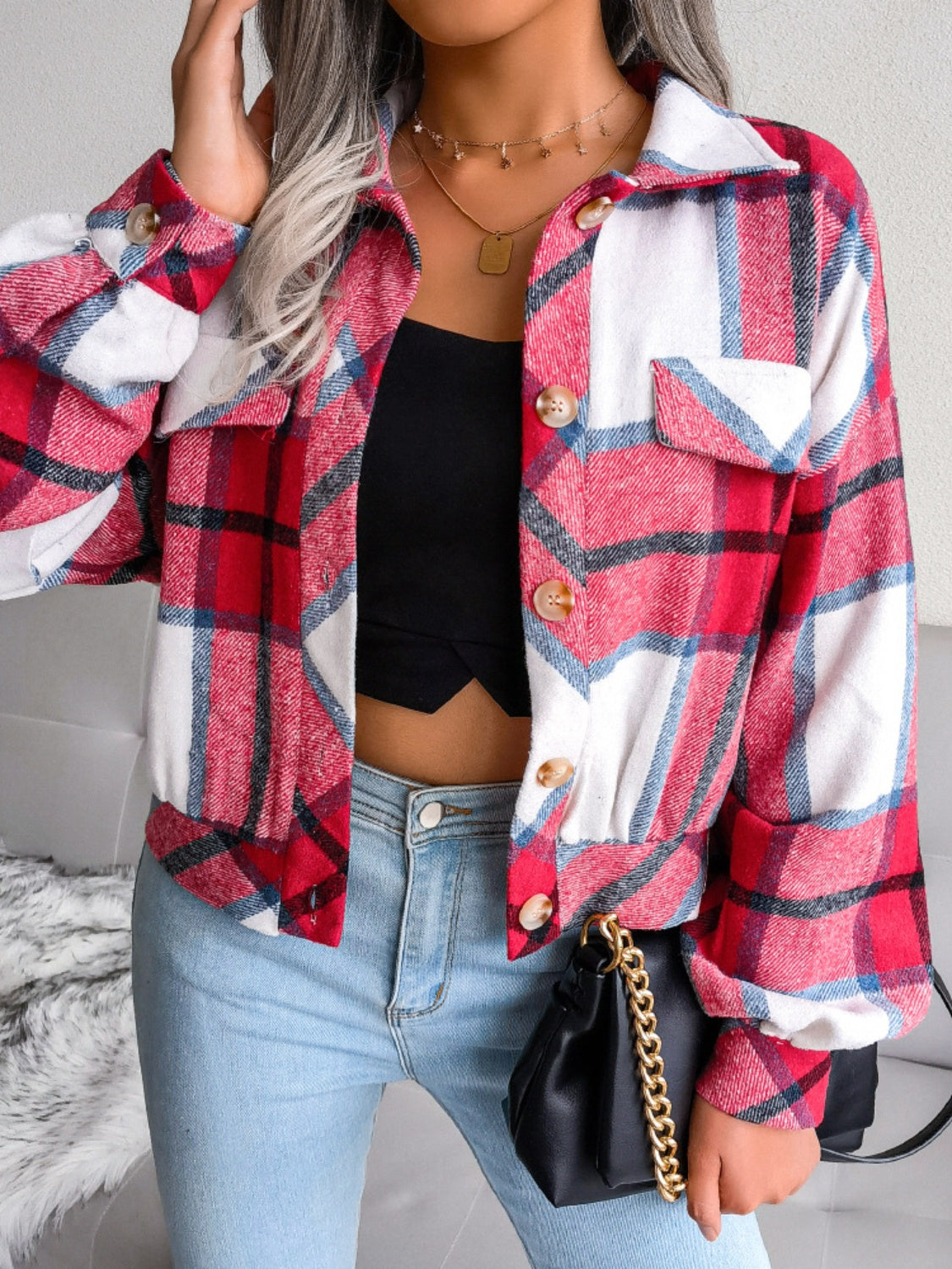 Plaid Collared Neck Long Sleeve Jacket - Cowaa