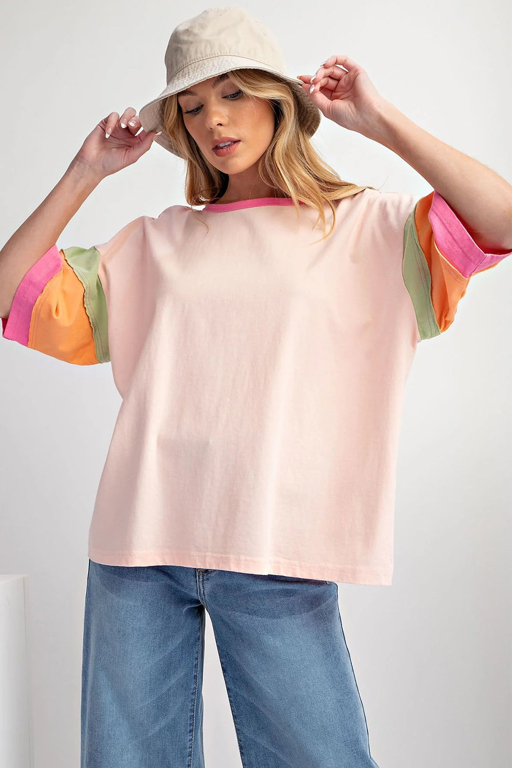 Green Color Block Sleeve Round Neck Oversize Top - Cowaa