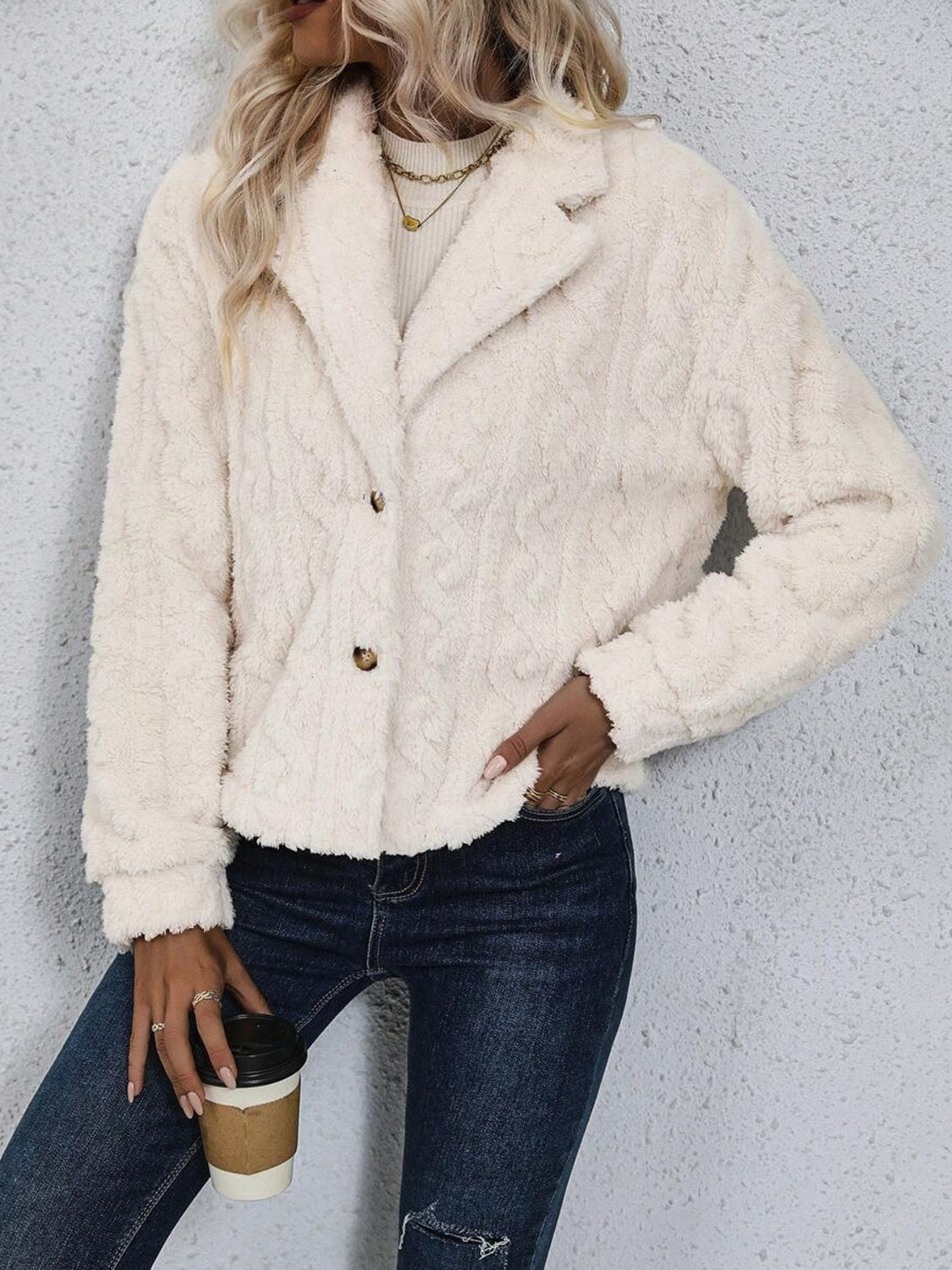 Cream Fuzzy Button Up Collared Neck Jacket