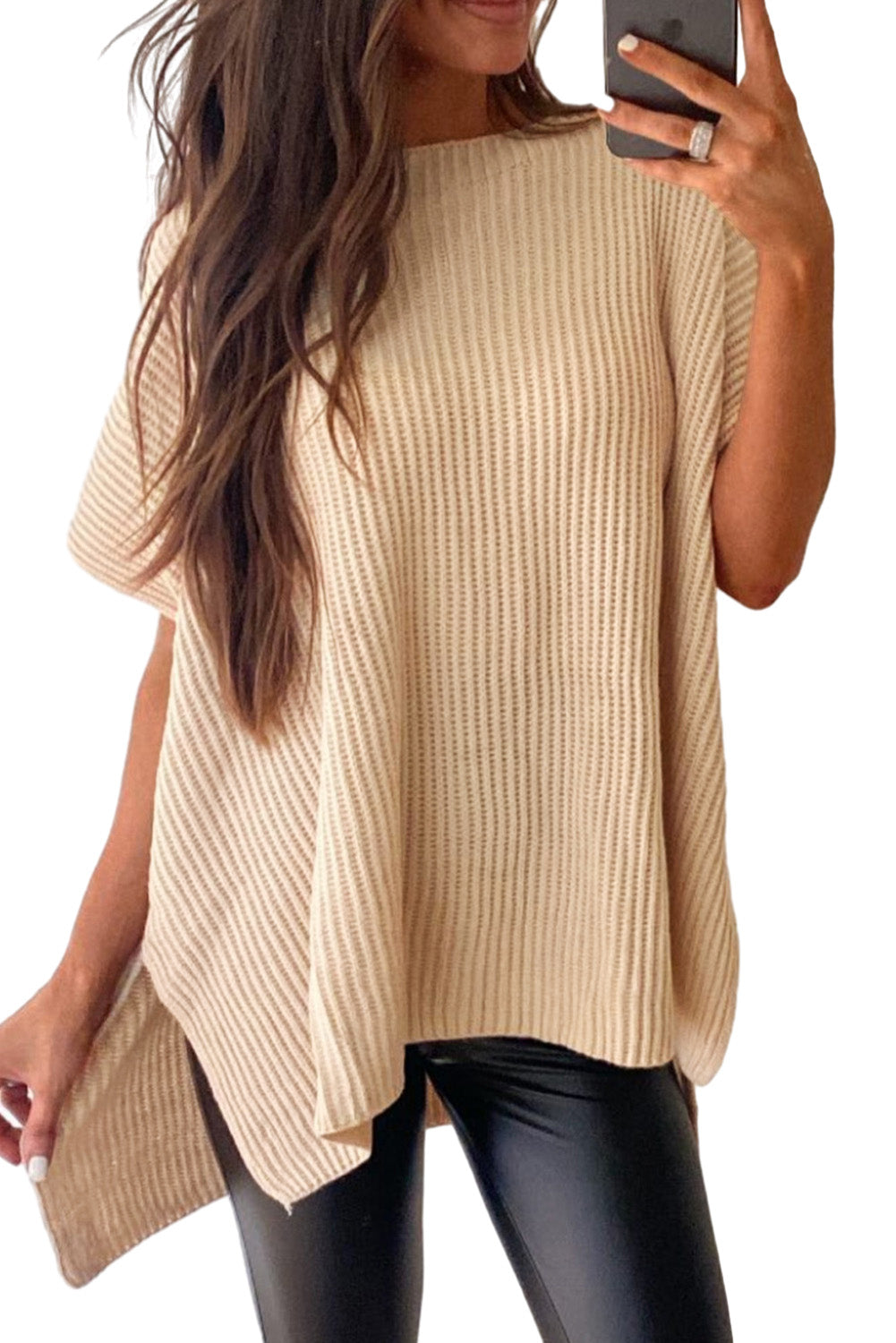 Rose Red Side Slit Short Sleeve Oversized Sweater - Cowaa