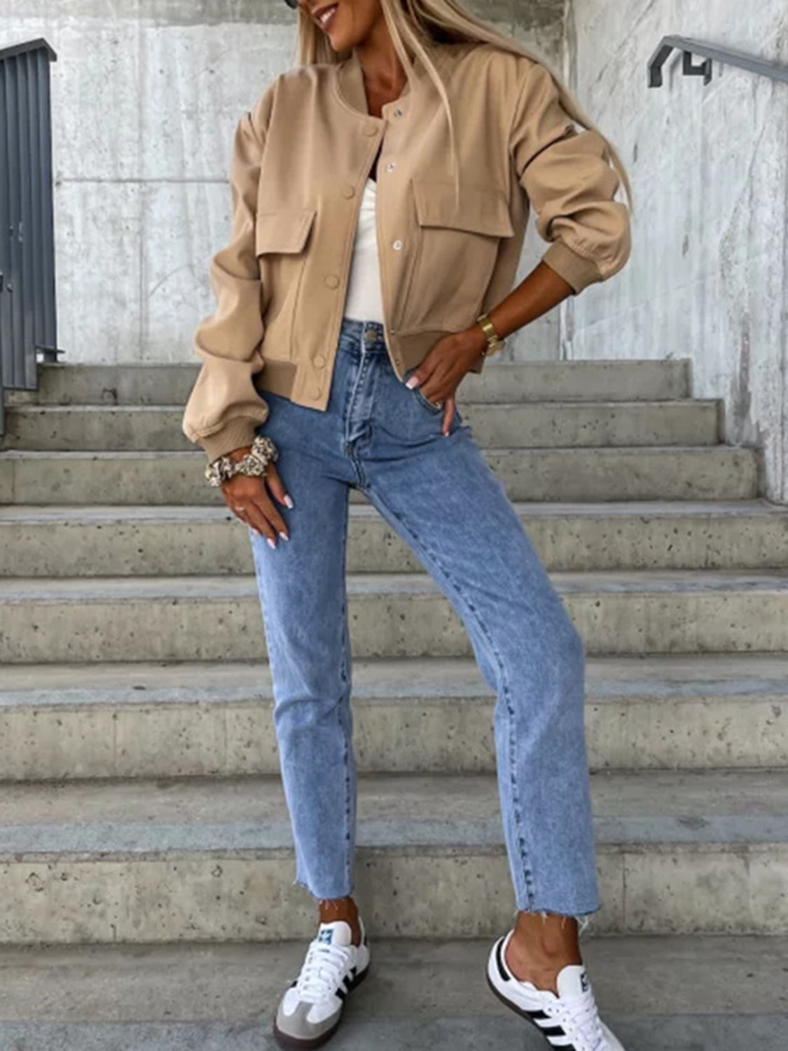 Baseball Collar Dropped Shoulder Jacket - Cowaa
