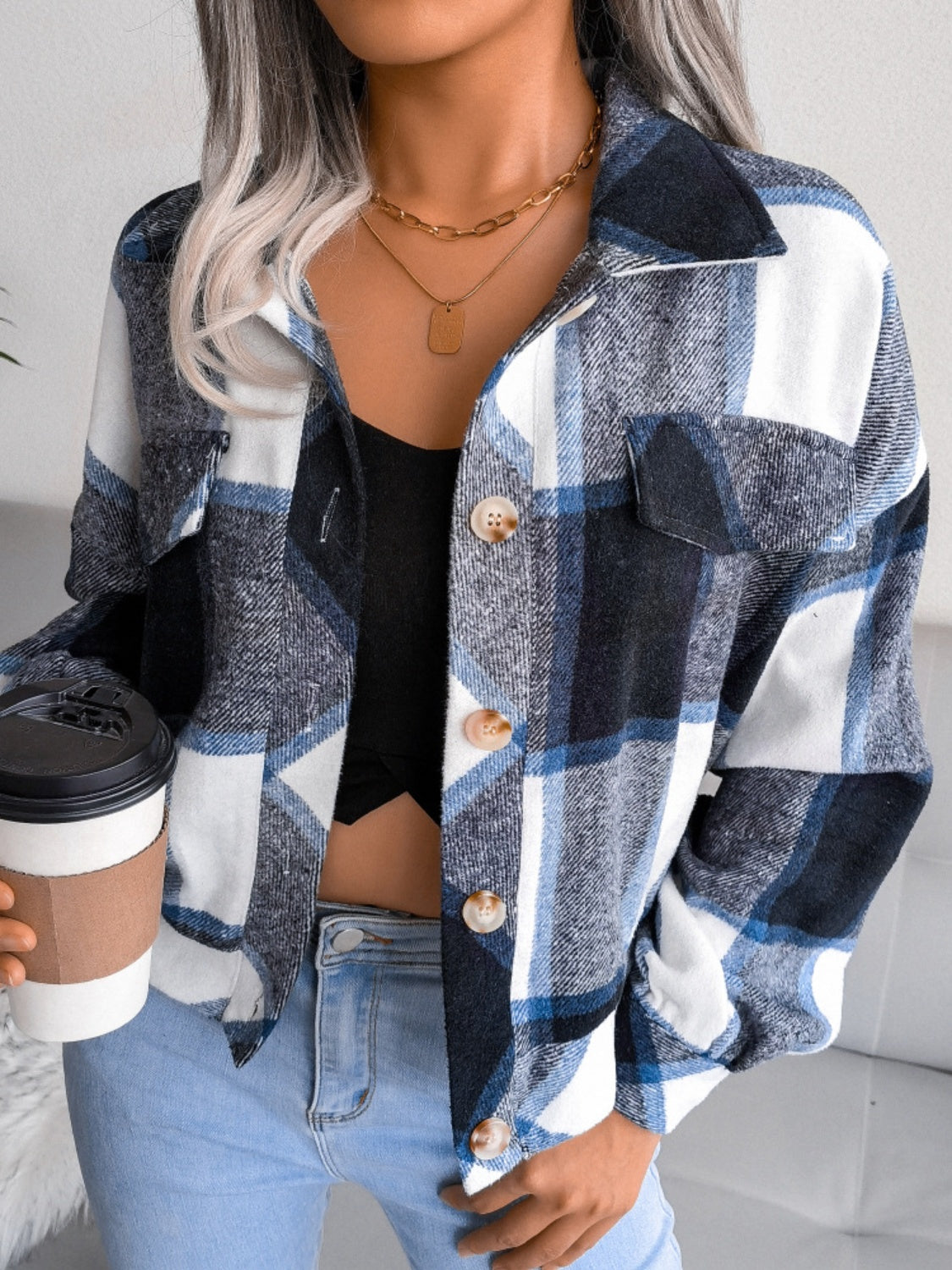 Plaid Collared Neck Long Sleeve Jacket - Cowaa