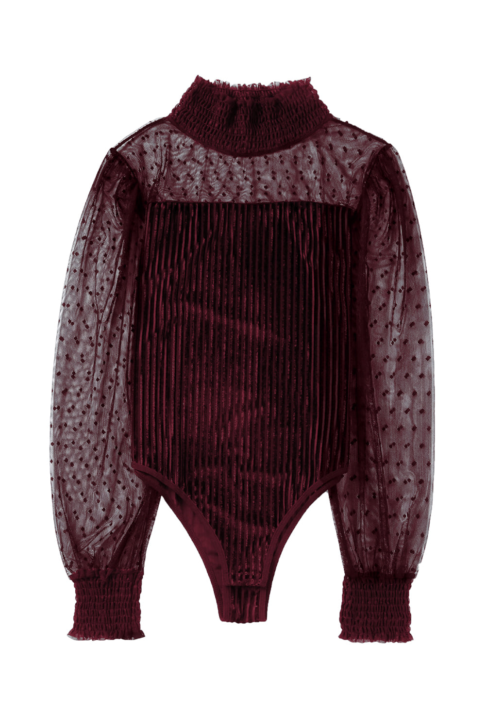 Sheer Dotty Puff Sleeve Ribbed Velvet Bodysuit - Cowaa