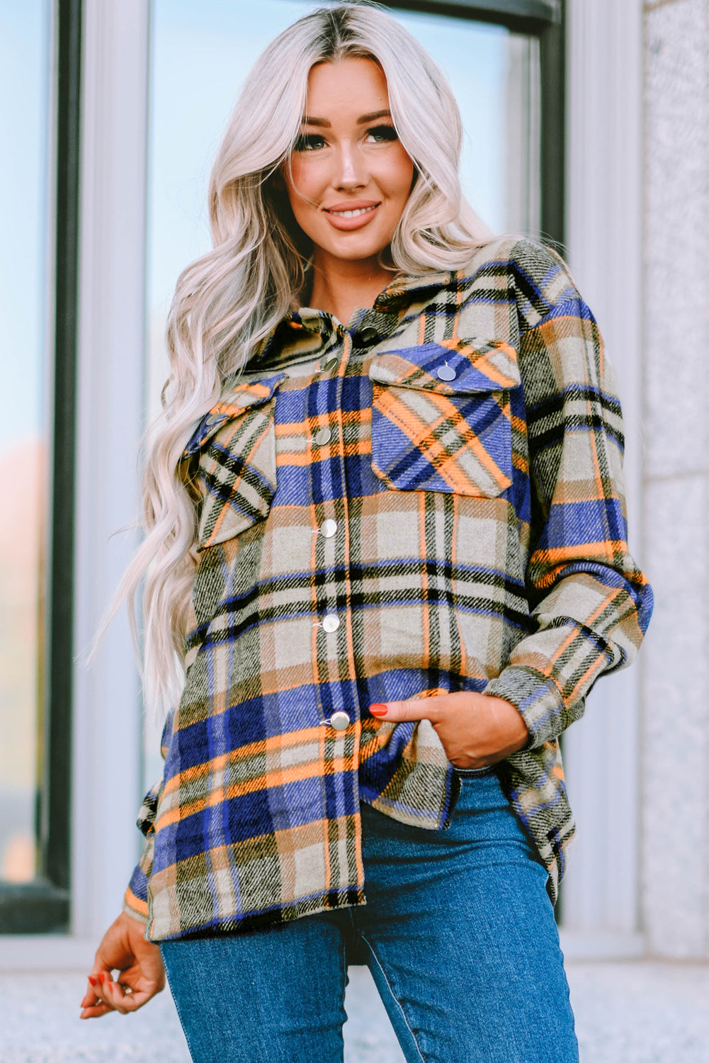 Plaid Button Front Pocket Shirt Shacket - Cowaa