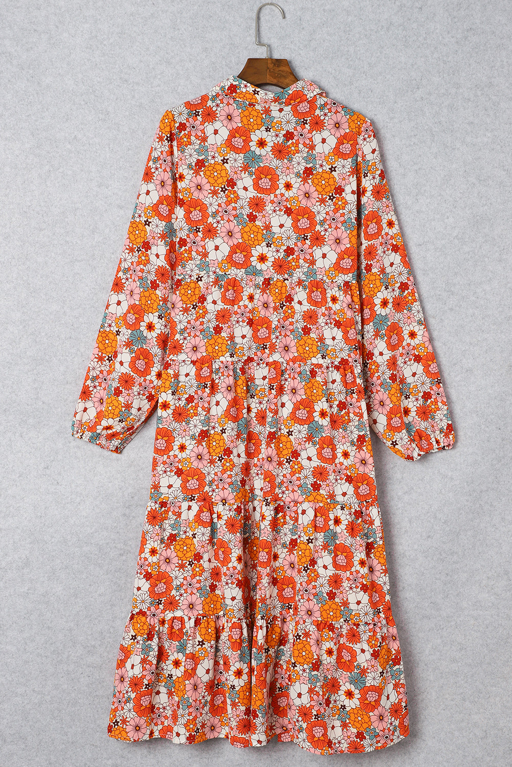 Multicolor Boho Floral Collared Long Sleeve Dress - Cowaa