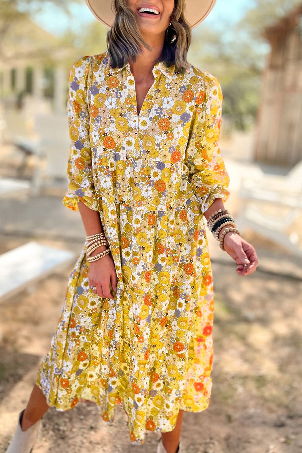 Multicolor Boho Floral Collared Long Sleeve Dress - Cowaa