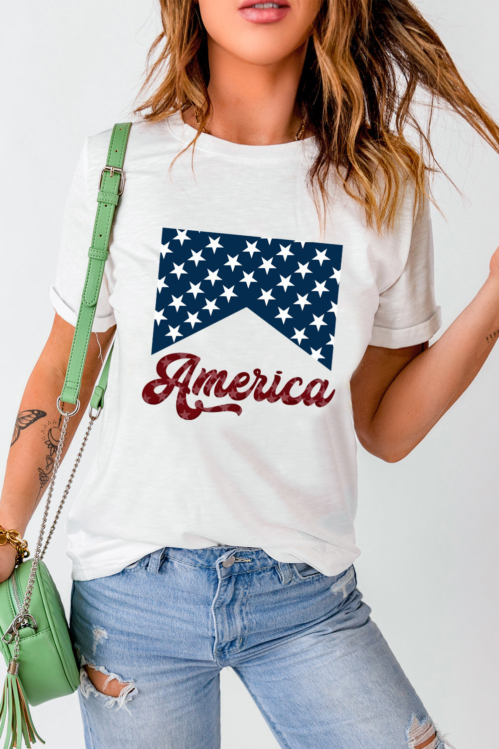 White Casual America Stars Graphic Crew Neck T Shirt - Cowaa
