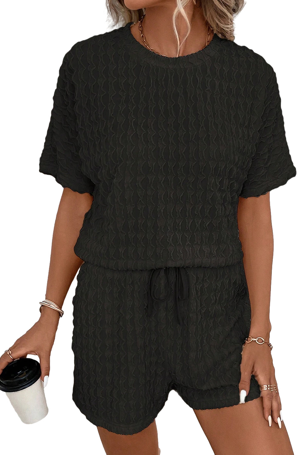 Beige Textured Tee & Drawstring Shorts Set - Cowaa
