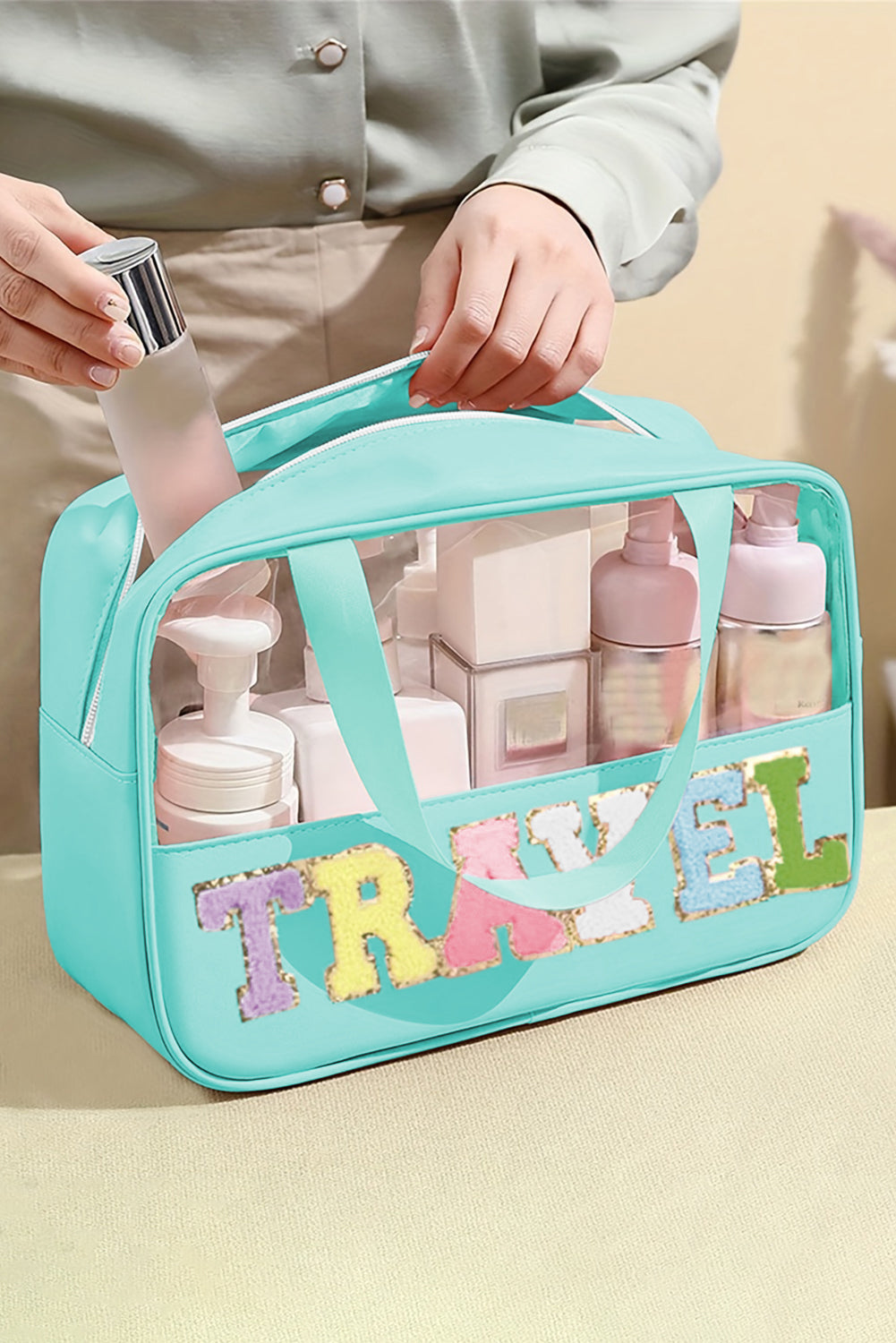 Travel Chenille Letter Clear PVC Makeup Bag - Cowaa