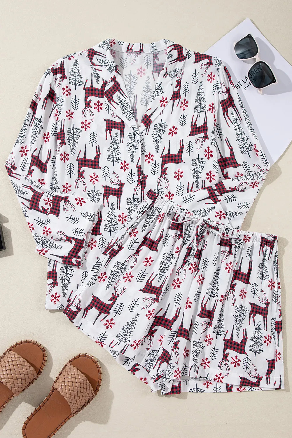 Printed Collared Neck Long Sleeve Top and Shorts Lounge Set - Cowaa