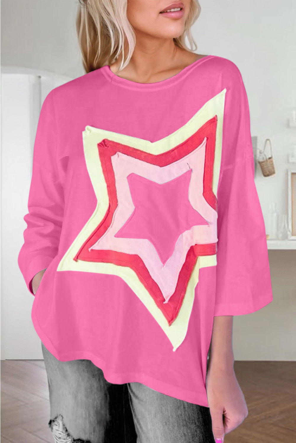 White Colorblock Star Patched Half Sleeve Oversized Tee - Cowaa