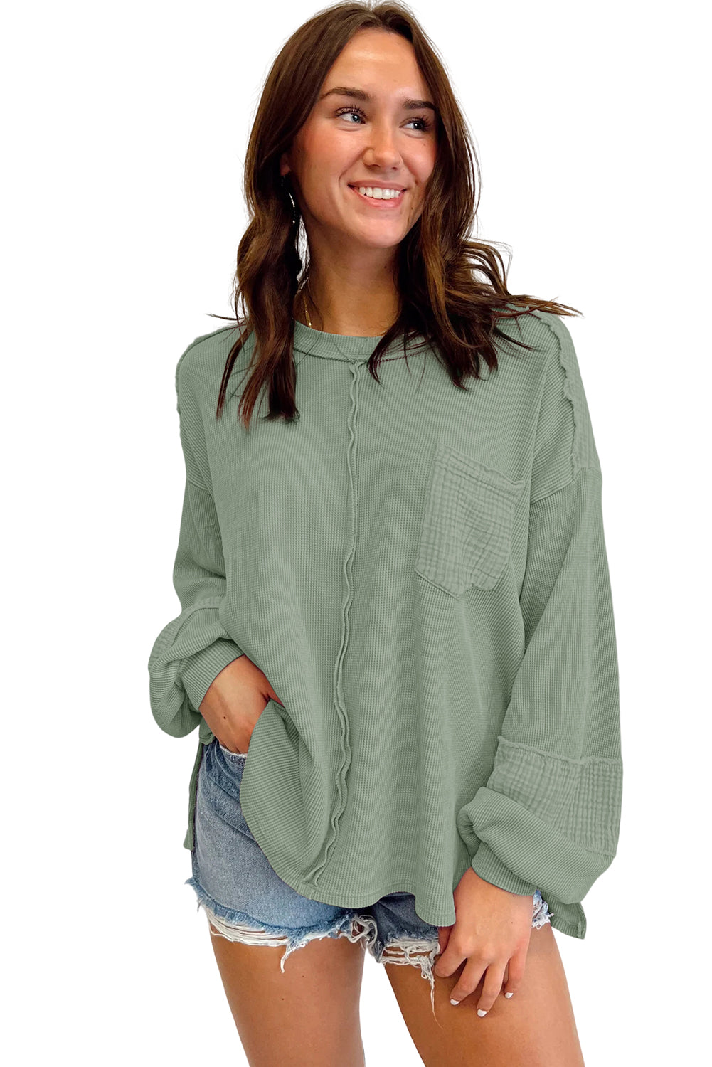 Crinkle Patchwork Long Sleeve Top - Cowaa