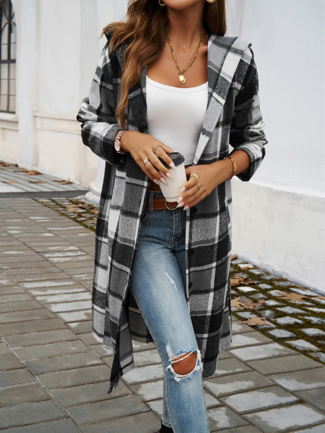Devine Plaid Long Sleeve Hooded Coat - Cowaa