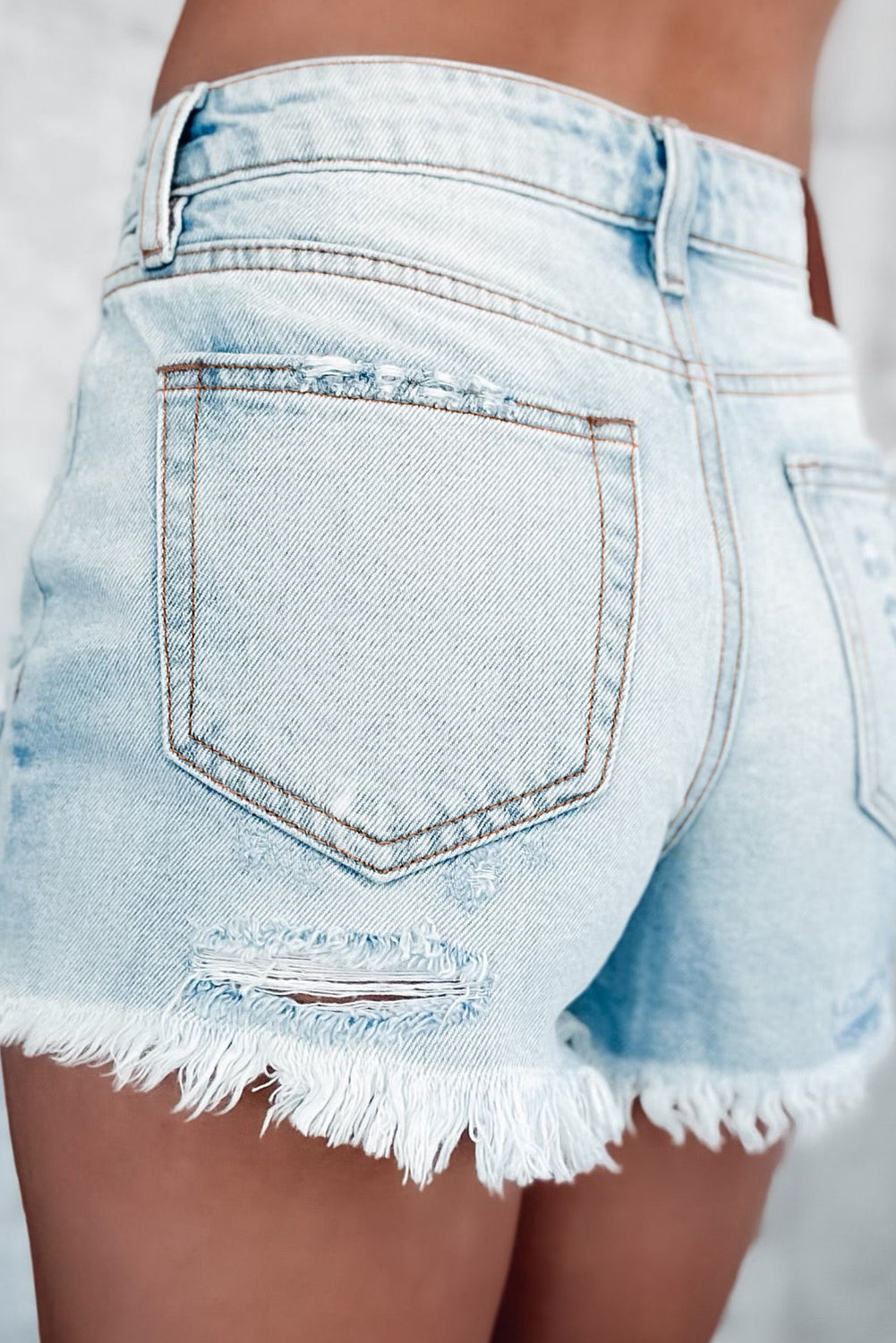 Light Blue Distressed Ripped Raw Hem High Waist Denim Shorts - Cowaa