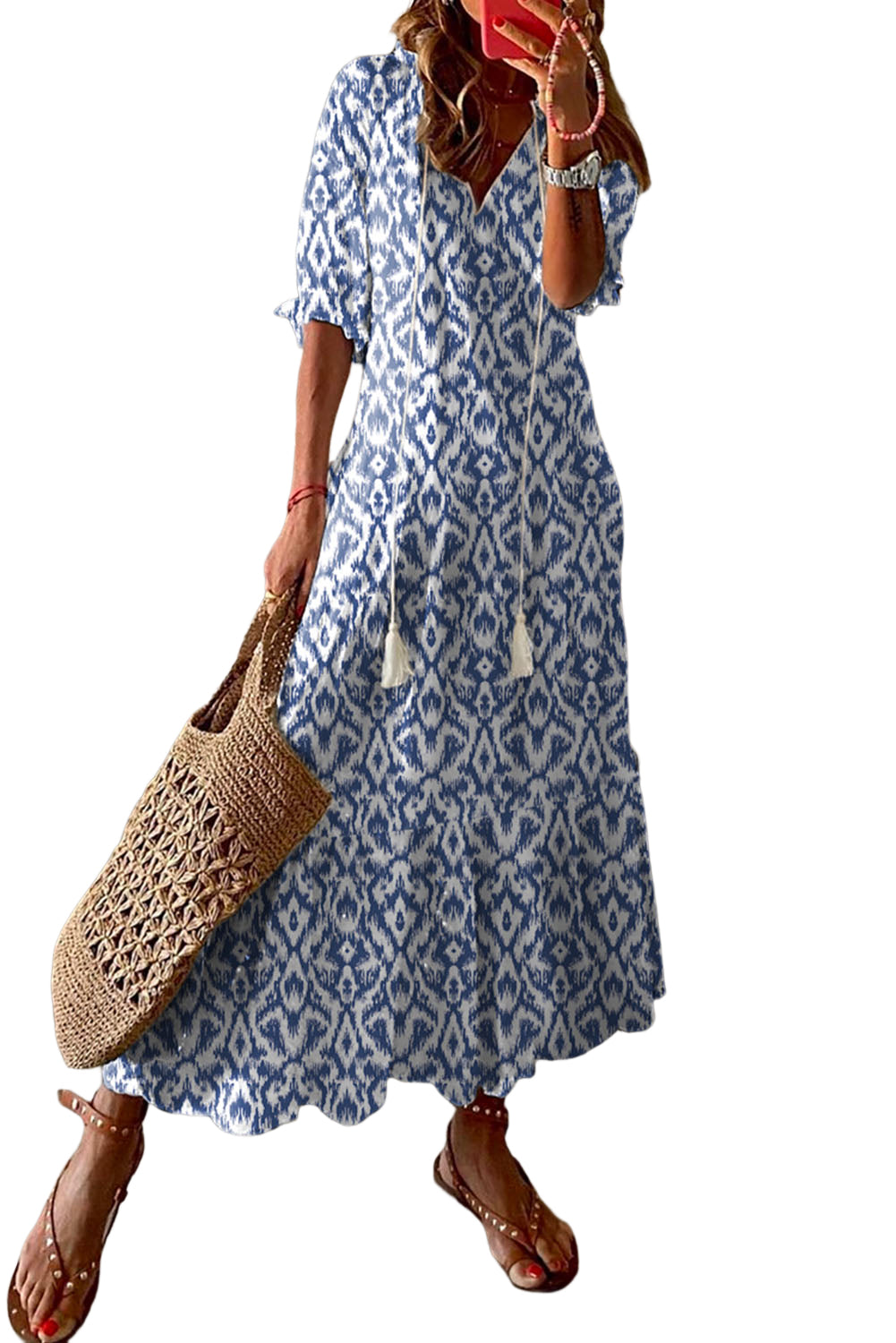 Sky Blue Geometric Print Casual V Neck Maxi Dress - Cowaa