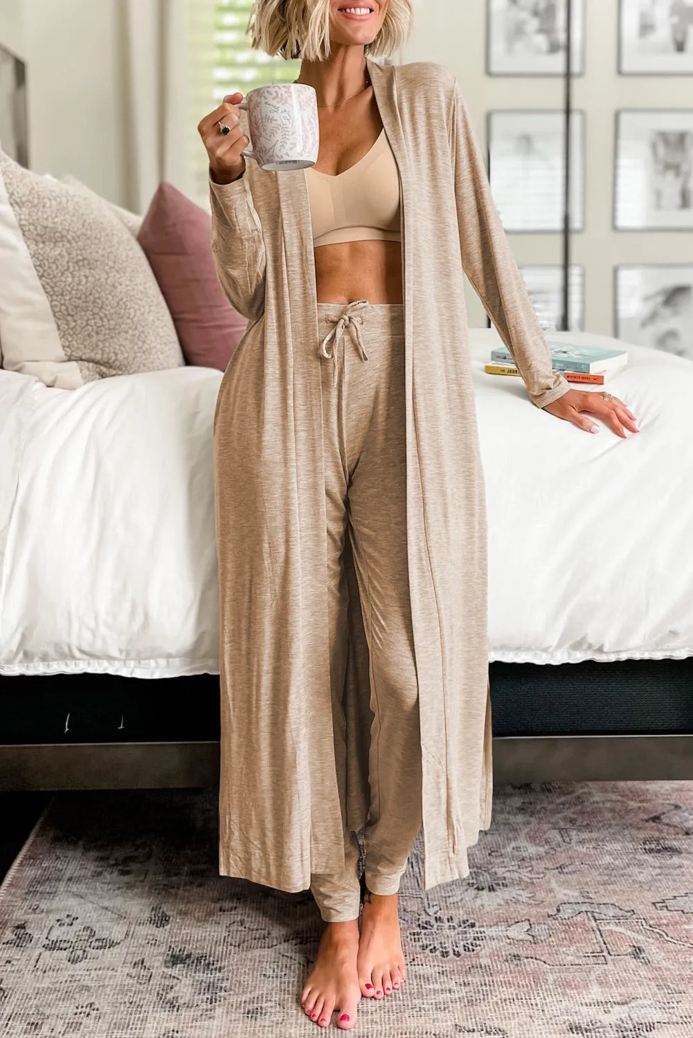 Open Front Long Sleeve Cardigan and Pants Lounge Set - Cowaa