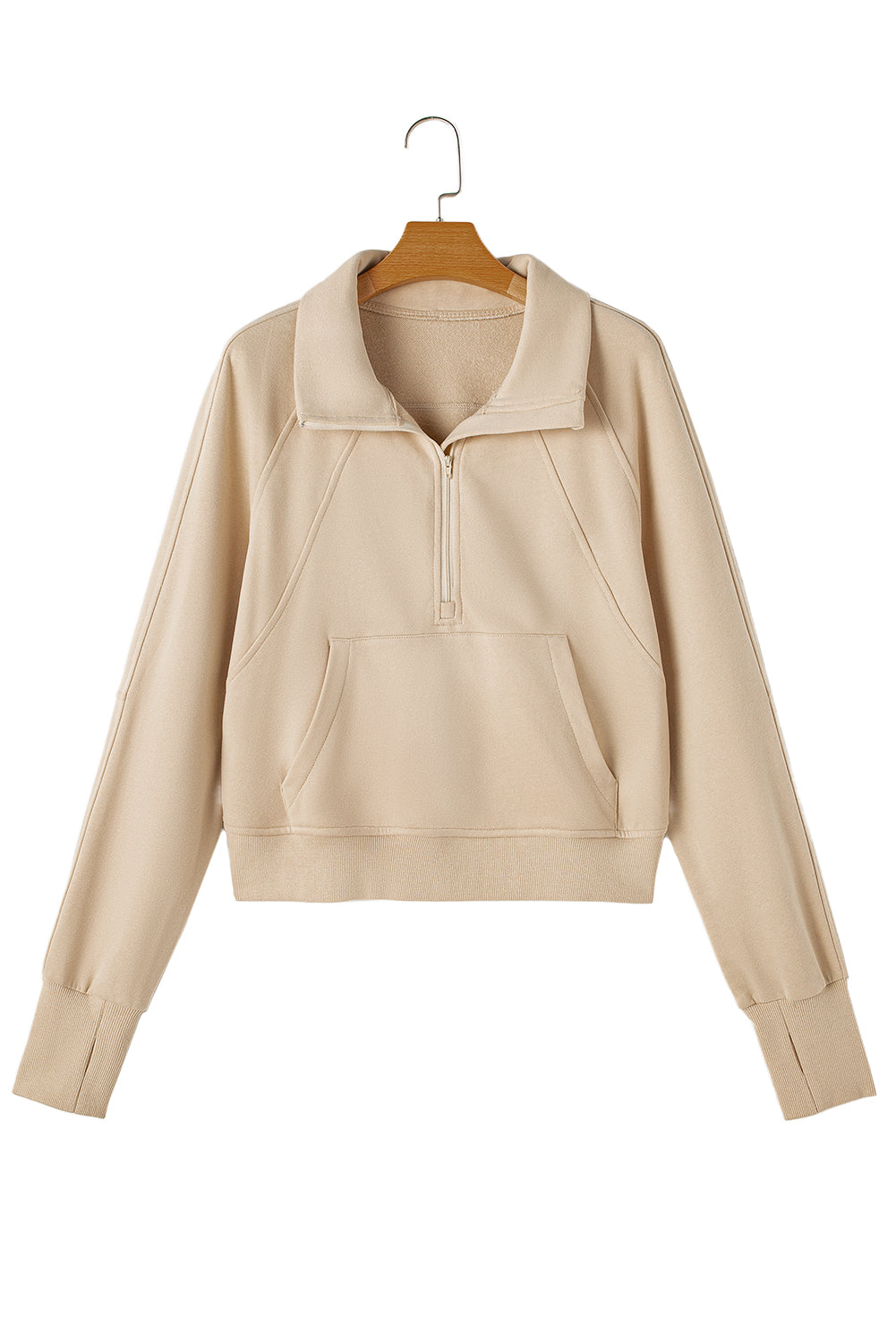 Brown Zip Up Stand Collar Thumbhole Sleeve Sweatshirt - Cowaa