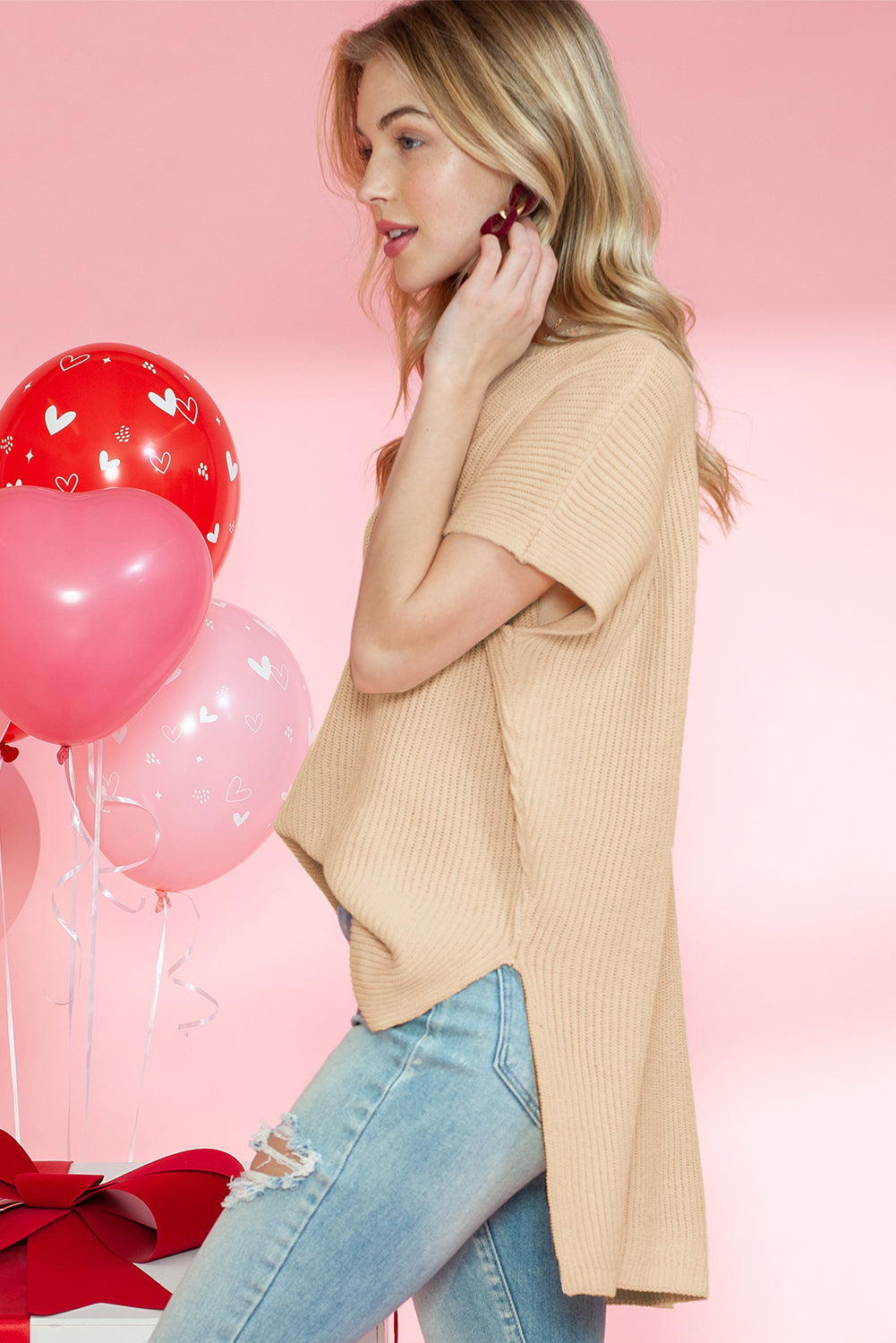 Rose Red Side Slit Short Sleeve Oversized Sweater - Cowaa
