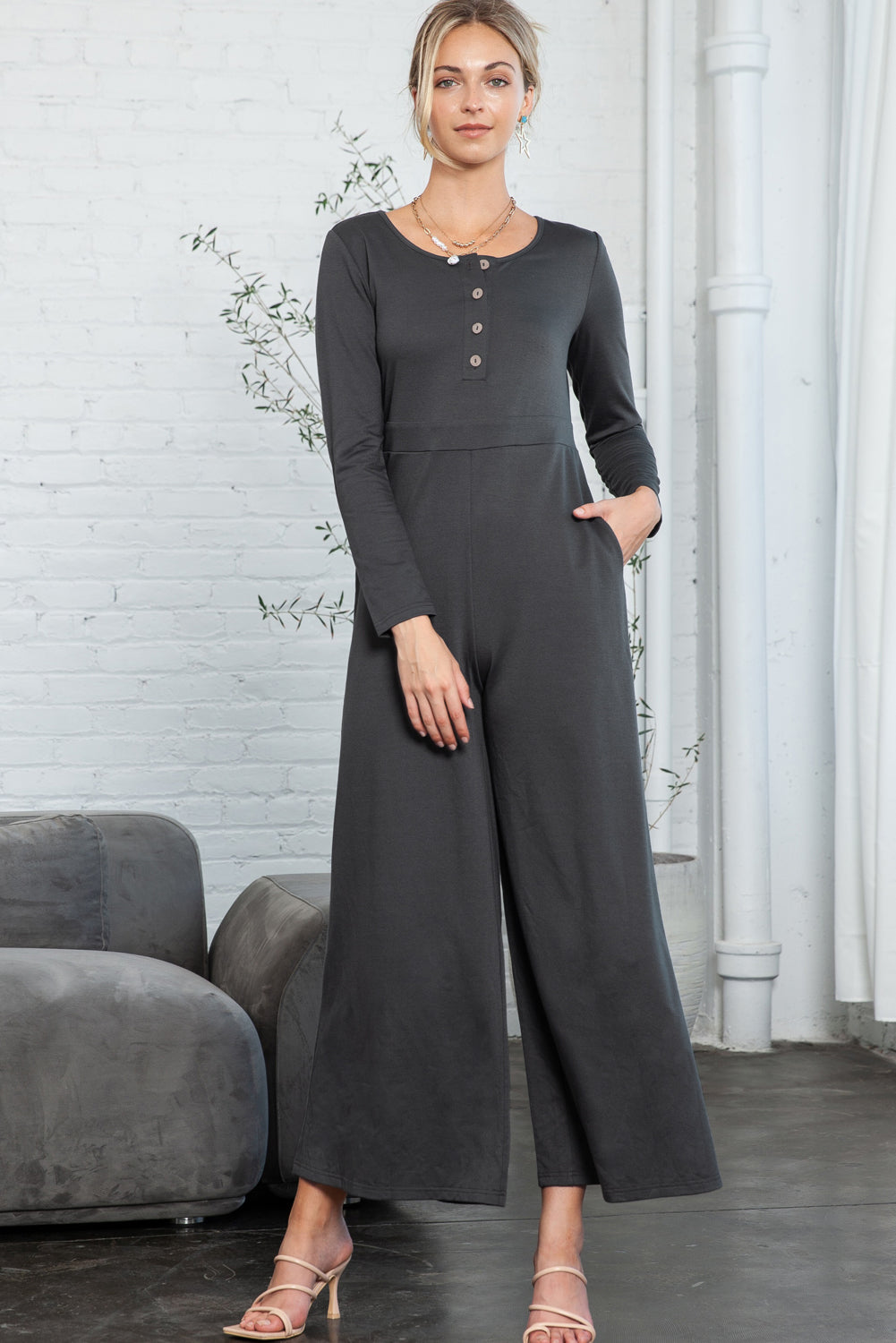 Dark Grey Henley Long Sleeve Wide Leg Jumpsuit with Pockets - Cowaa