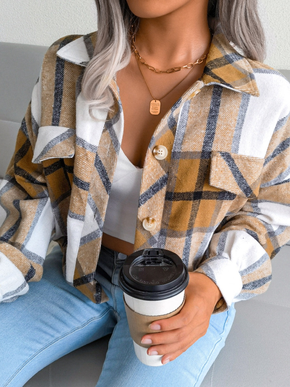 Plaid Collared Neck Long Sleeve Jacket - Cowaa