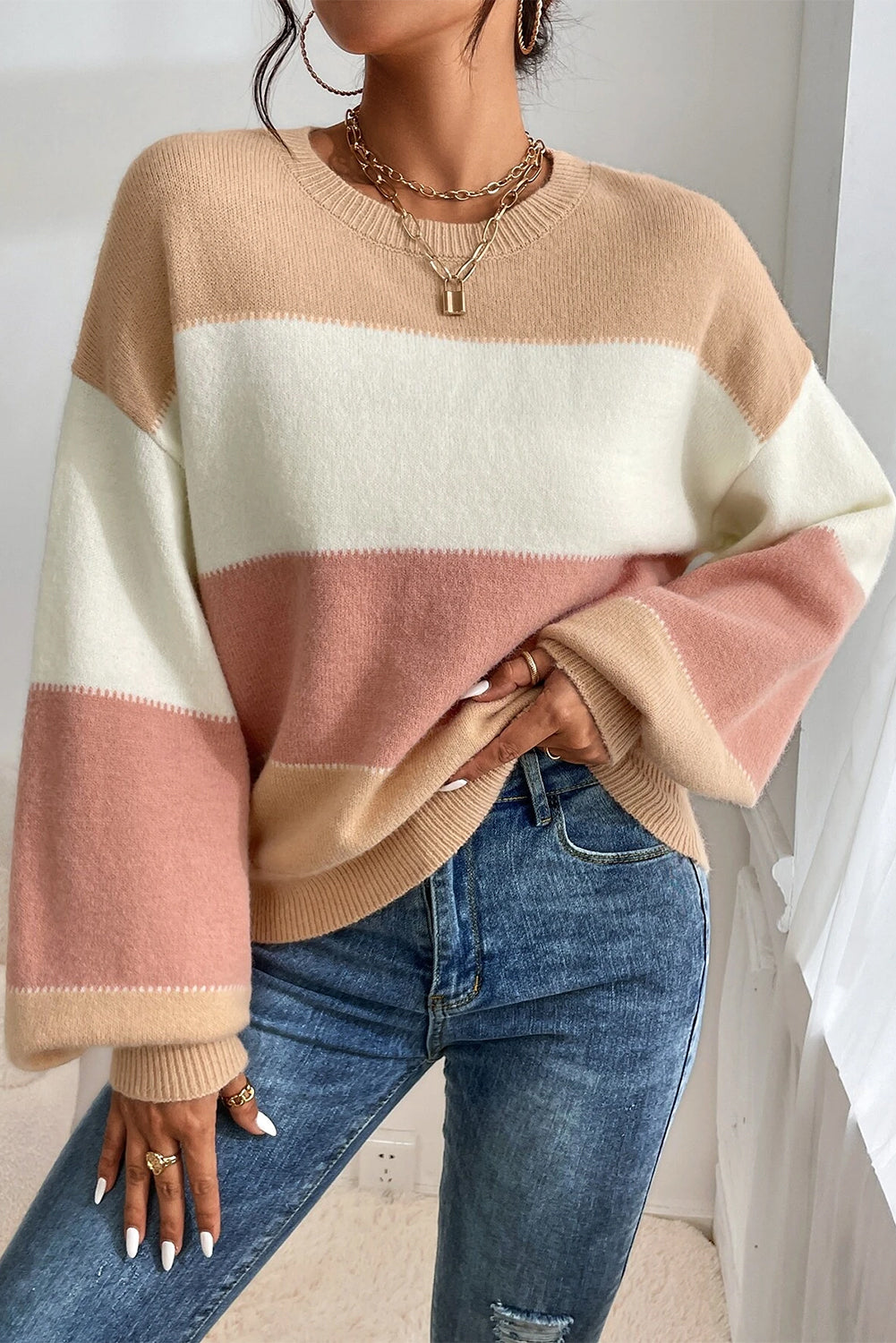 Dusty Pink Color Block Drop Shoulder Sweater - Cowaa