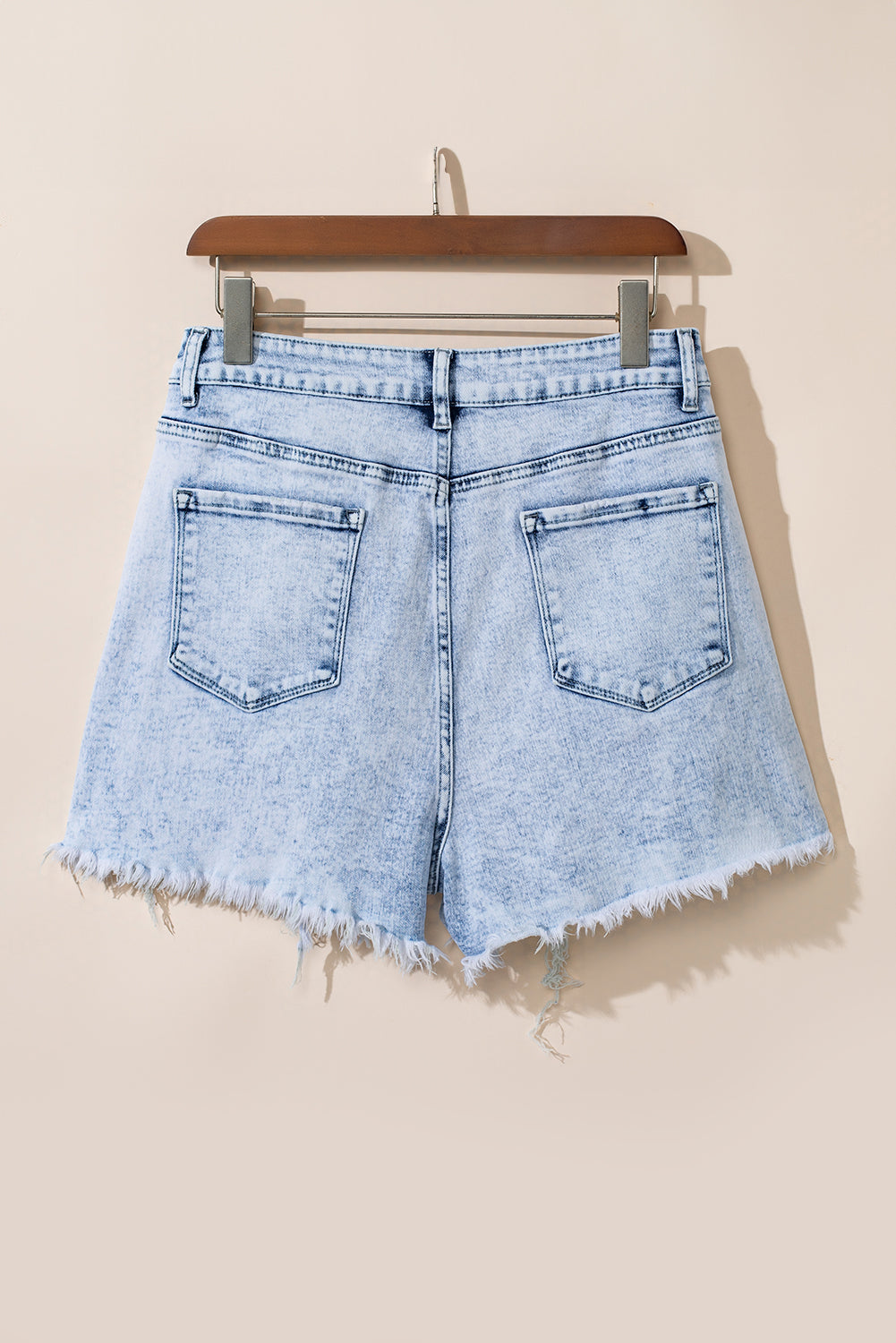 Light Blue Acid Wash Crossed Raw Edge Denim Shorts - Cowaa