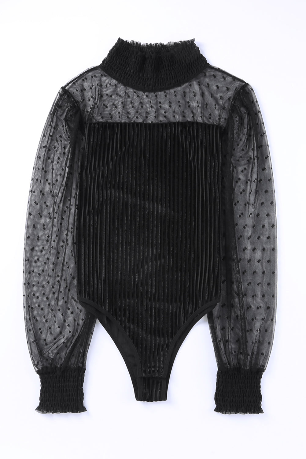 Sheer Dotty Puff Sleeve Ribbed Velvet Bodysuit - Cowaa