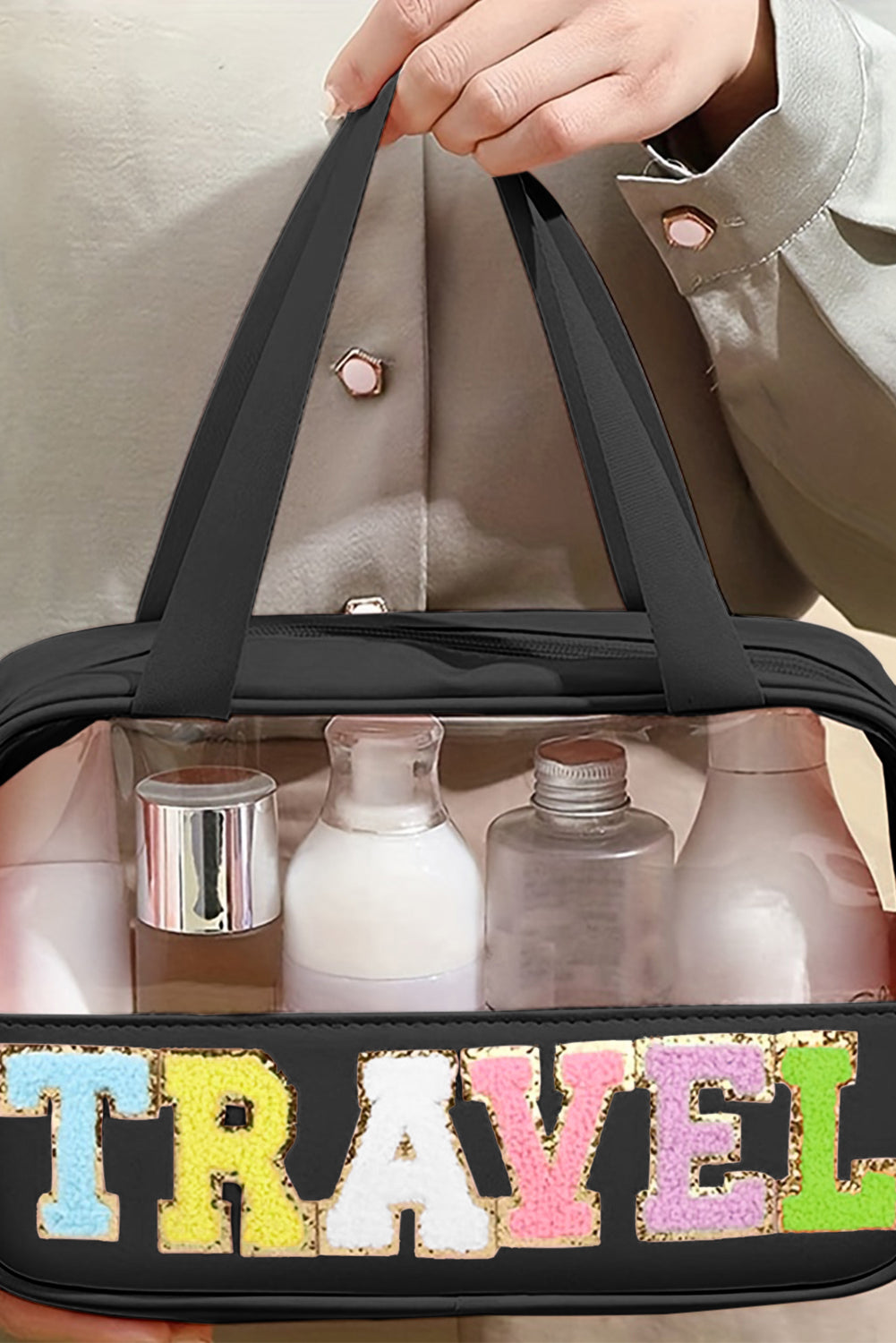 Travel Chenille Letter Clear PVC Makeup Bag - Cowaa