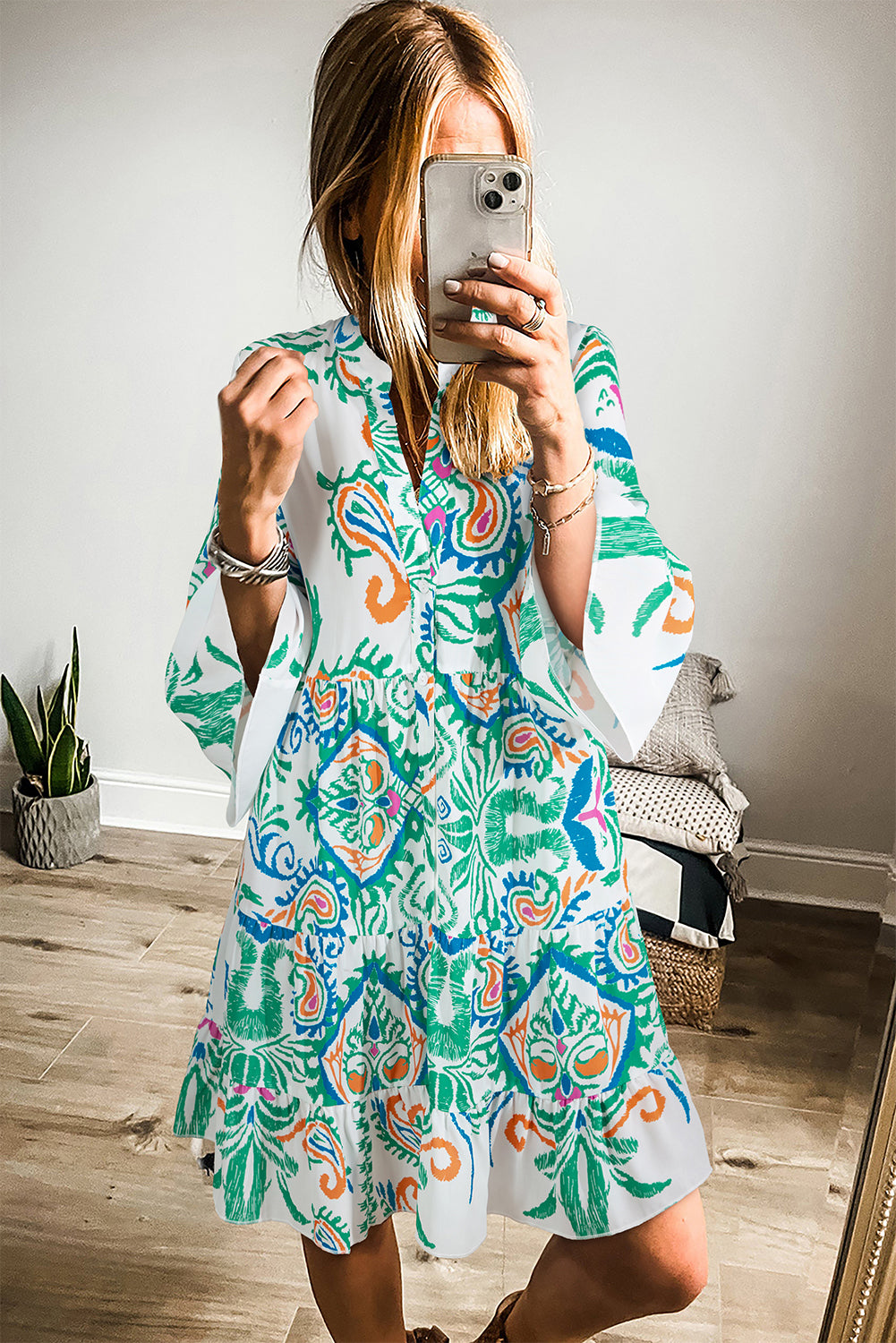 White Ethnic Print Boho Button Tiered Mini Dress - Cowaa