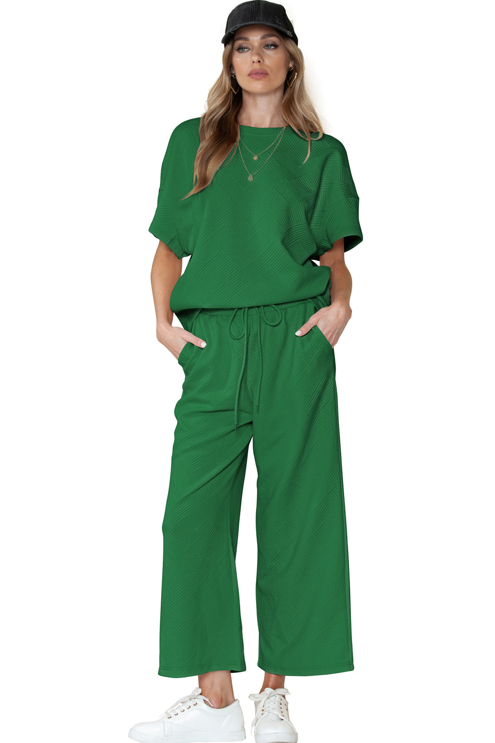 Navy Blue Textured Loose Fit T Shirt and Drawstring Pants Set - Cowaa