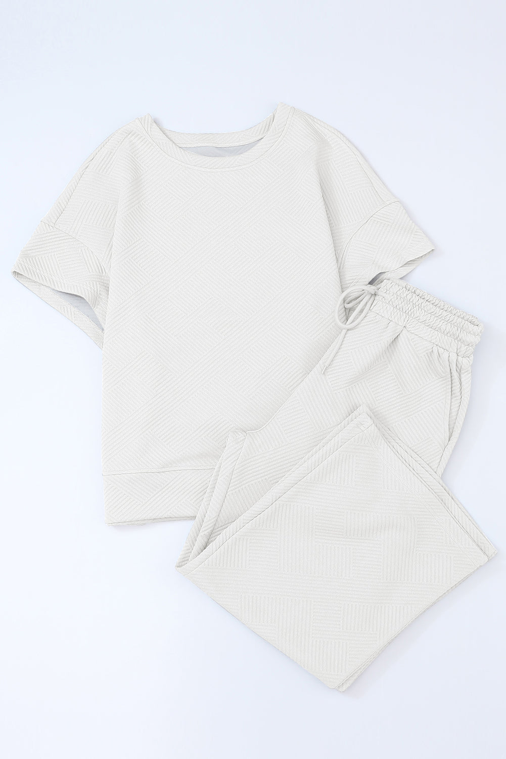 Navy Blue Textured Loose Fit T Shirt and Drawstring Pants Set - Cowaa