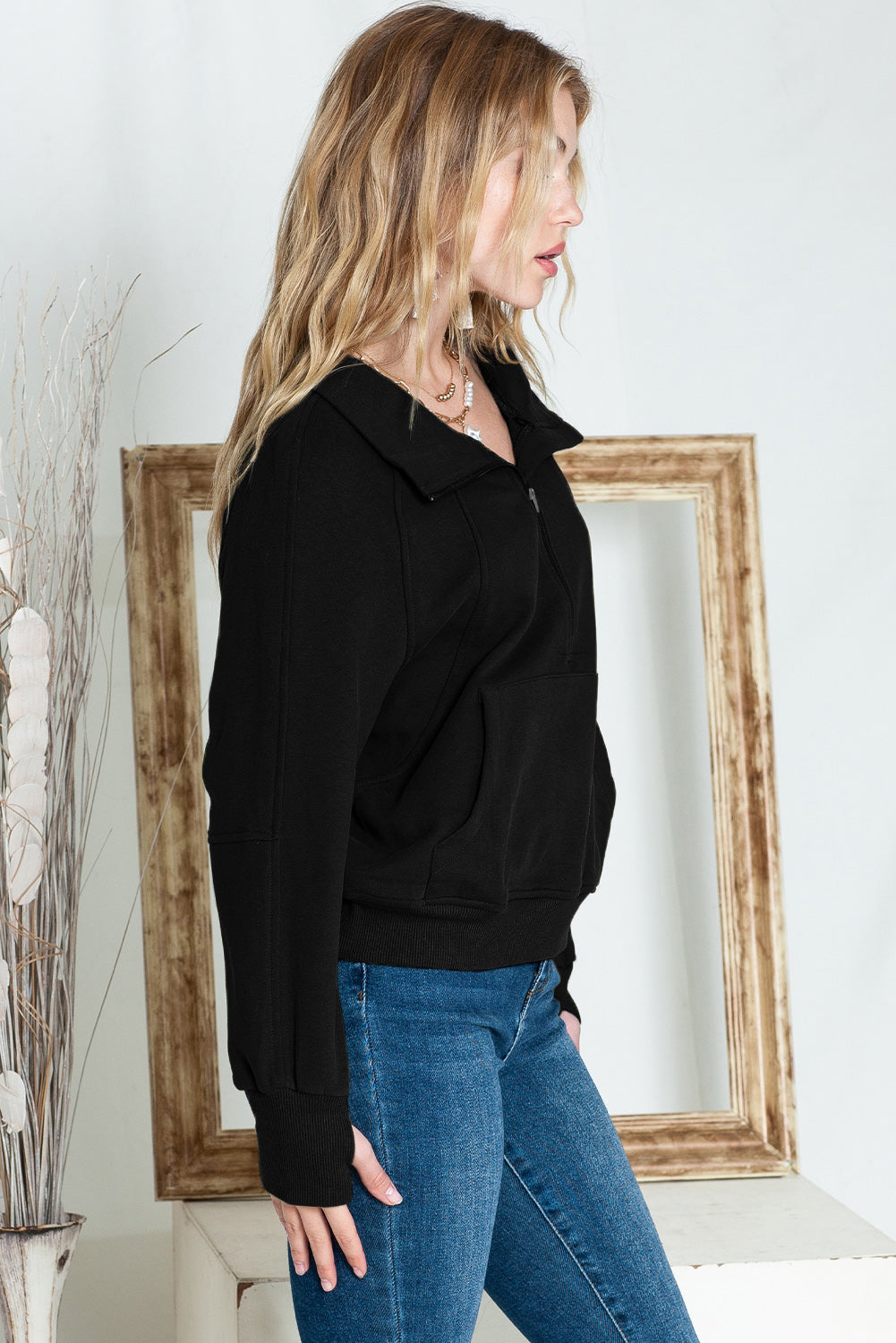 Brown Zip Up Stand Collar Thumbhole Sleeve Sweatshirt - Cowaa
