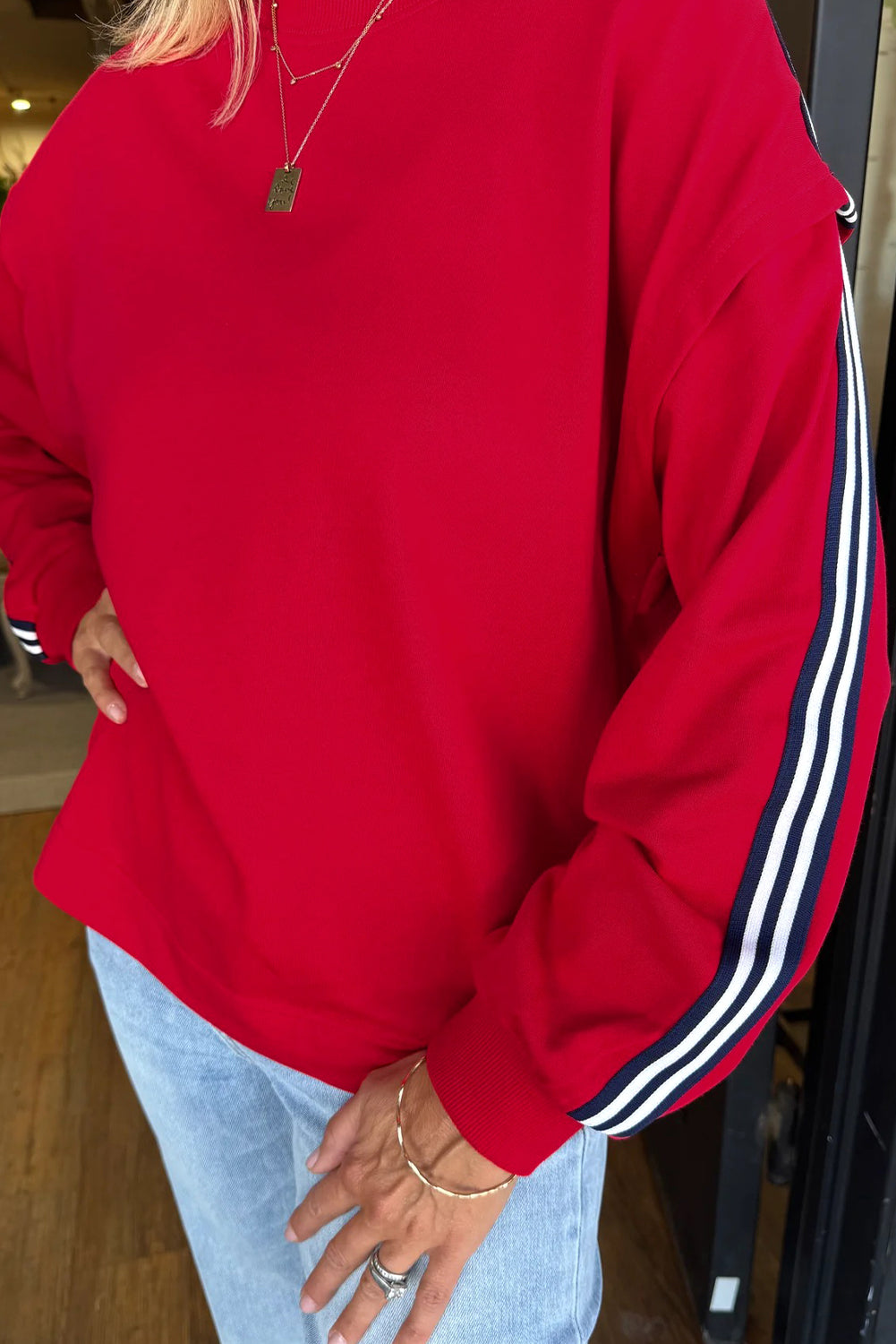 Fiery Red Side Striped Round Neck Sweatshirt