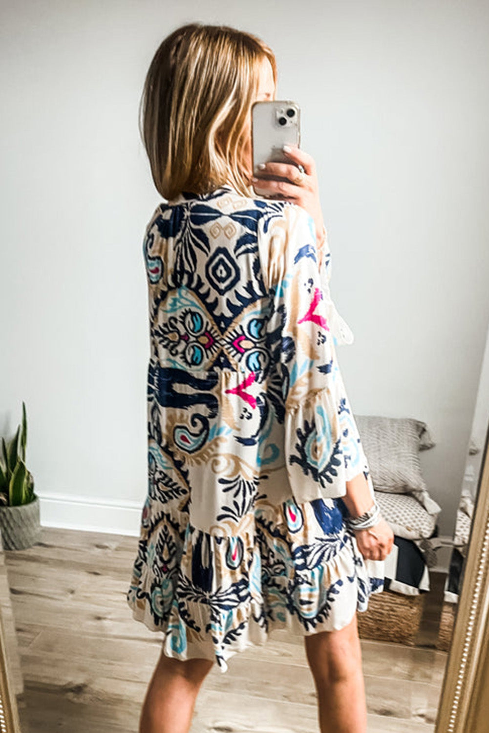 White Ethnic Print Boho Button Tiered Mini Dress - Cowaa