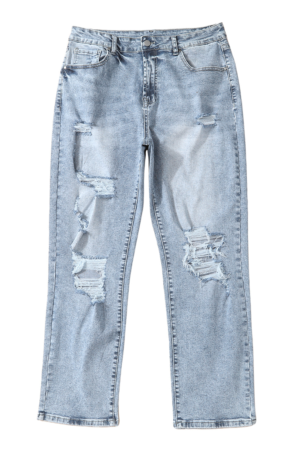 Sky Blue Light Wash Frayed Slim Fit High Waist Jeans - Cowaa