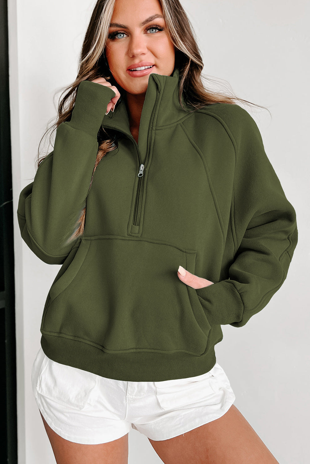 Brown Zip Up Stand Collar Thumbhole Sleeve Sweatshirt - Cowaa